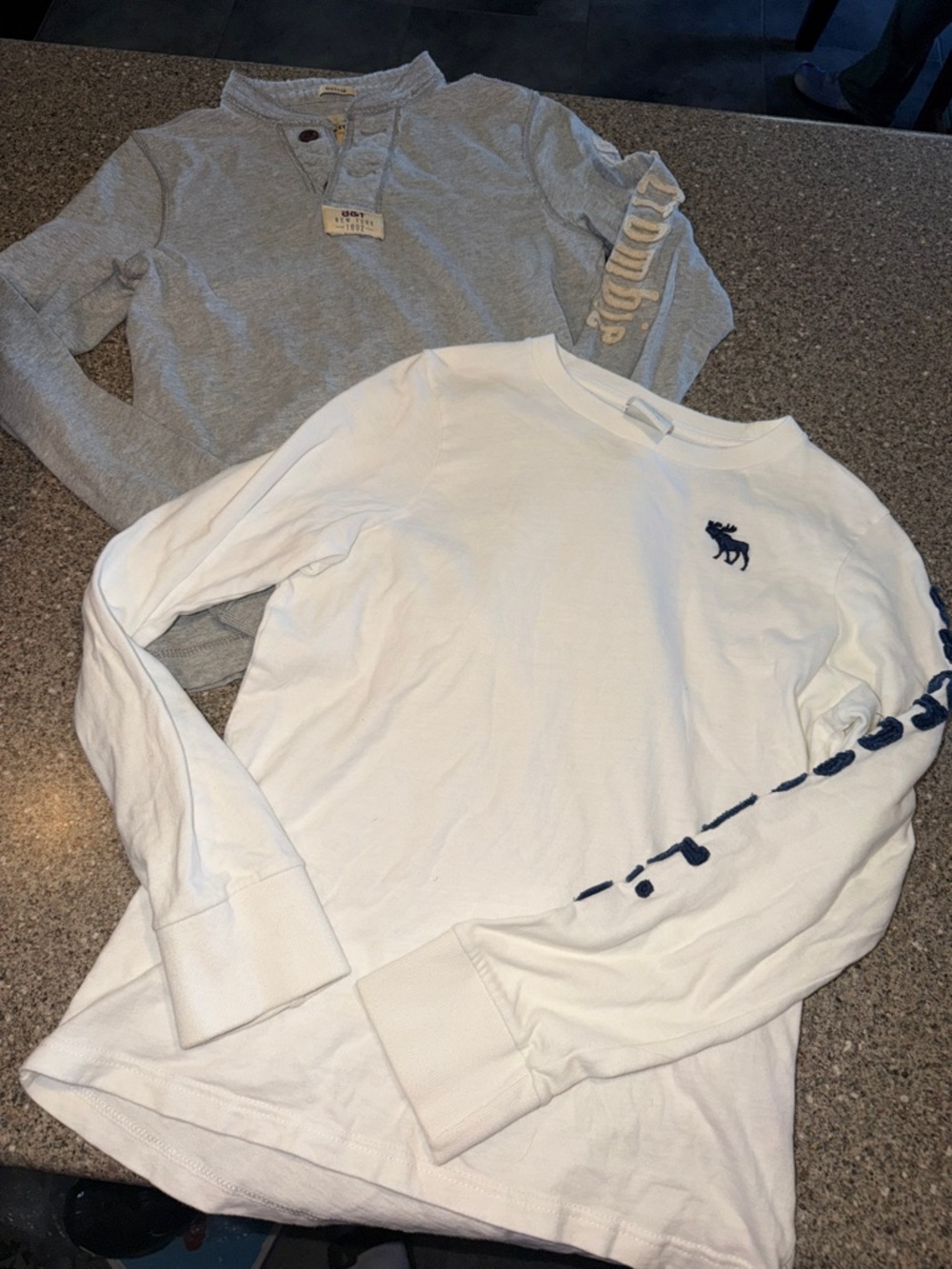 Abercrombie & Fitch White Long-Sleeve Tee with Navy Logo and Sleeve Script